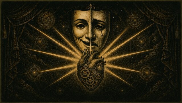 Surrealist vintage engraving of a dual theater mask with mechanical clockwork heart and radiating light rays