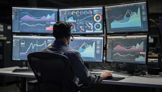 Medium shot of a process control operator monitoring DCS panels with stable system data and colorful trend graphs in a dimly lit control room environment.