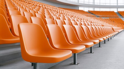 Fototapeta premium Rows of Empty Orange Seats in a Large Modern Stadium or Arena Interior