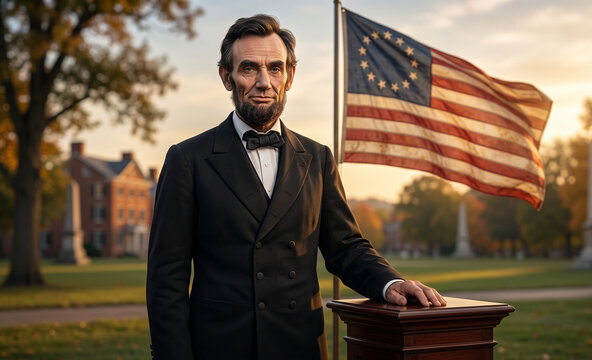 Abraham Lincoln Standing with American Flag Background.