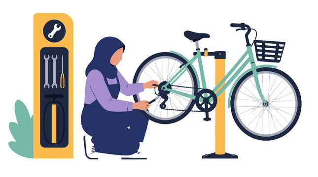 Woman repairing bicycle at workbench with tools.