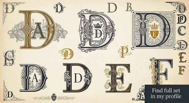 Ornate Vintage Letter Designs Arranged on Cream Typography Sheet