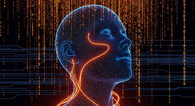 Human head profile silhouette made of digital data network nodes with artificial intelligence technology silhouette connections innovation streaming computer information