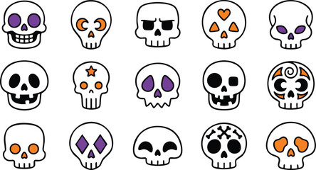 Fototapeta premium Outline white sugar skull vector illustrations decorated with simple Halloween shapes and colorful accents for festive holiday celebration creative designs.