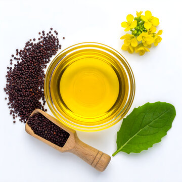 Top view of glass bowl of mustard oil with leaf on white background