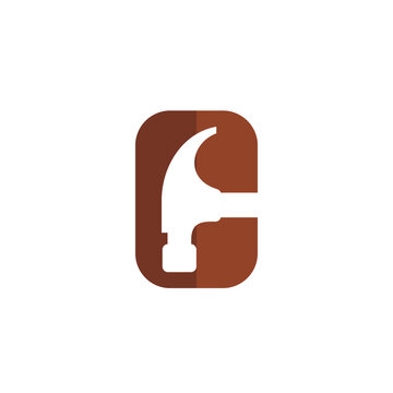 Minimalist hammer tool icon in brown rounded square logo design.