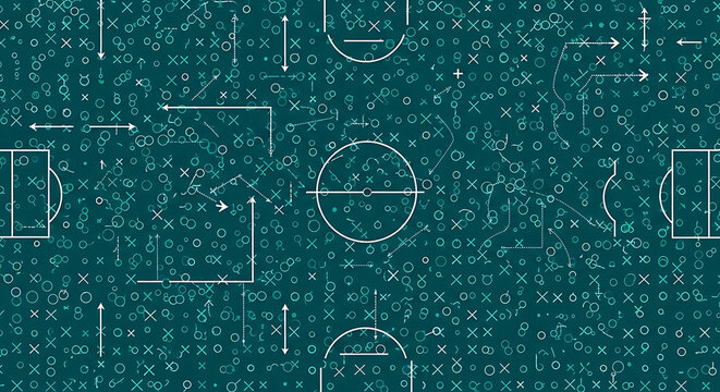 Tactical sports strategy diagram on a green pitch field backdrop with strategy tactical coaching training planning playbook formation athletics competition teamwork management schematic