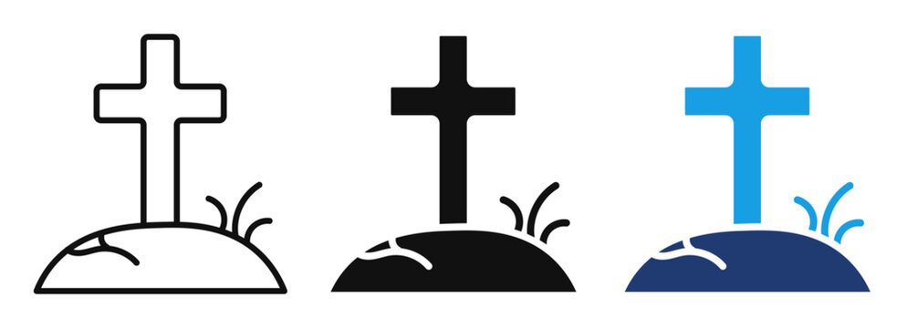 Grave Cross Icon, Cemetery Grave Vector, Christian Cross Tomb, Graveyard Memorial Symbol, Halloween Cemetery, RIP Grave Icon, Flat Vector Illustration