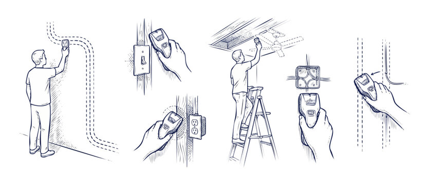 Stud finder wall scanner illustration set showing process of scanning drywall to locate wood studs, electrical wires, and joists for home renovation construction repair projects, line drawings sketch.