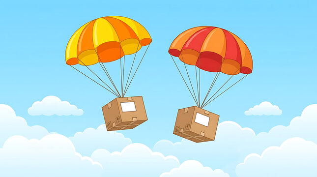 Two cardboard boxes with parachutes descending in the sky, symbolizing delivery and logistics