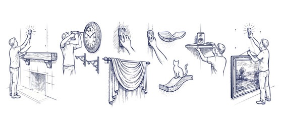 Obraz premium Stud finder DIY wall mounting guide illustration showing how to scan walls, install shelves, hang heavy picture frames, mount clocks, curtains, and fireplaces. Line art drawing for home renovation.