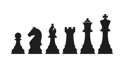 International chess day, Black chess pieces, pawn, knight, bishop, rook, queen, king, strategy game icons isolated on White Background Chess, Chess piece, Board game, Isolated, White background © MITURANI