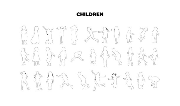 CAD children side view outline set, kid elevation figures running jumping playing and standing for architecture design vector illustration