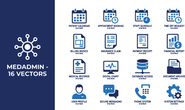 Medical administration icon set featuring patient calendar appointment booking billing invoice and digital healthcare records.