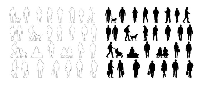 CAD people side view silhouette and outline set, pedestrian elevation figures walking standing sitting and public activity symbols for architecture design vector illustration
