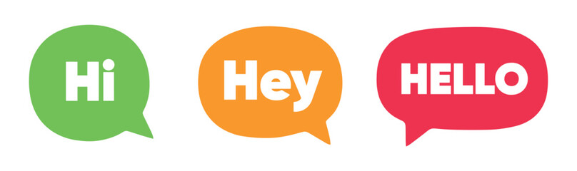 Green, orange, and red speech bubbles with hi, hey, and hello text on transparent background © Razvi hasan