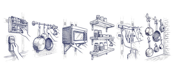 Obraz premium Kitchen organization DIY storage installation showing shelf mounting, pot racks, magnetic knife holder placement, and microwave bracket setup in a detailed hand-drawn engraving style illustration.
