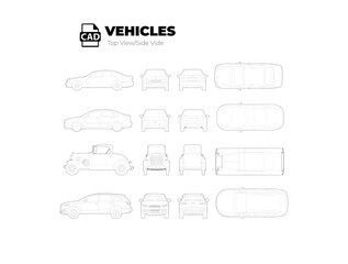 CAD vehicles top view side view and front elevation line drawing set, classic cars sedan SUV and van symbols for architecture site plan design vector illustration © Addictive Stock