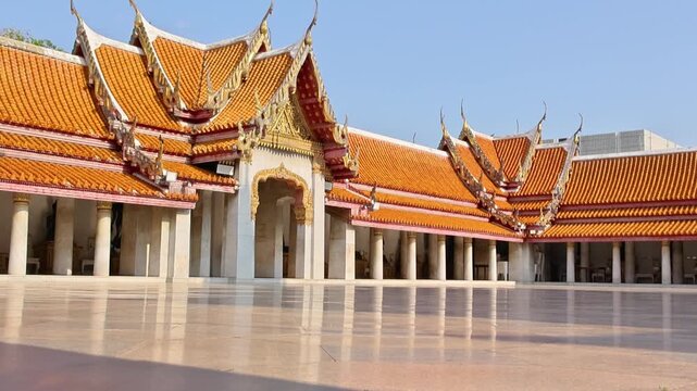 Wat Benchamabophit Courtyard Ornate Red Gold Temple Roof Pillars 