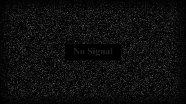 No signal on TV screen. Old TV screen noise glitch effect. Static white noise distortion on black background with VHS tape overlay and analog no-signal texture in 4K resolution.