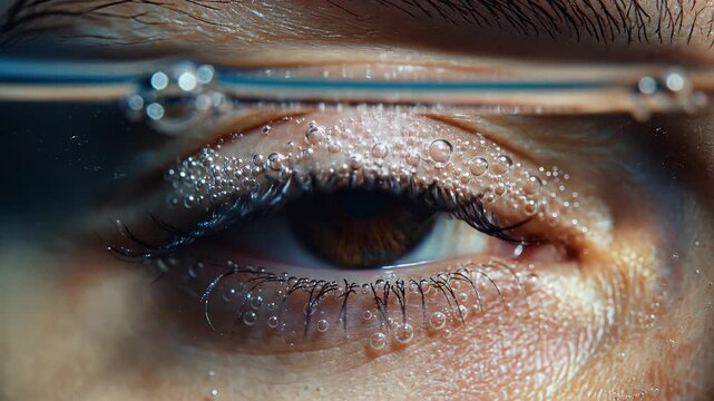 Close up macro view of a human eye with a clear eyeglass frame resting on the upper eyelid