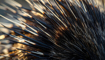 Naklejka premium Detailed macro photograph capturing the intense texture of sharp porcupine quills, illuminated by warm sunlight that emphasizes the dangerous beauty and natural defensive spikes of nature.