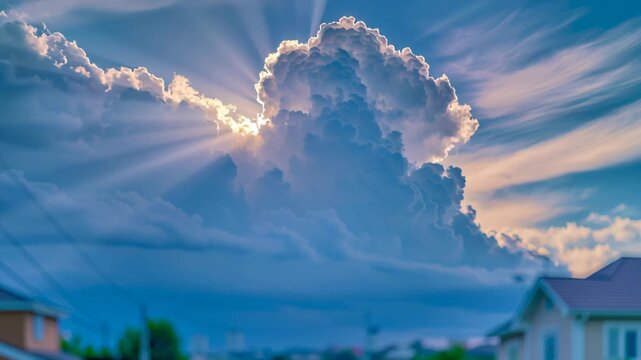  Brilliant sunlight filtering through an opening in thick blue clouds, creating a dramatic holy scene with radiant sunbeams symbolizing hope, faith, inspiration, peace, and a brighter future.