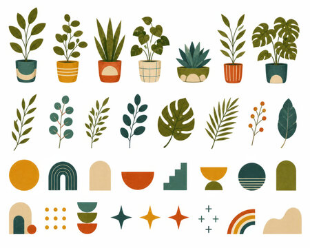 Modern boho aesthetic graphic set with potted plants abstract leaves and geometric shapes