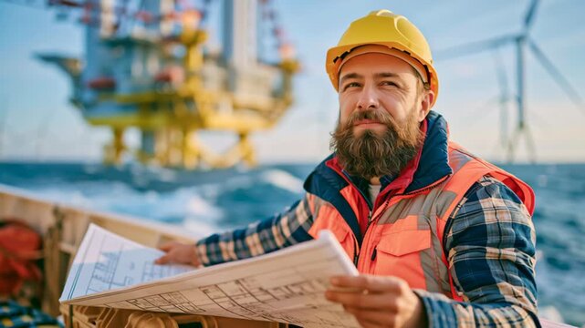 Marine engineer on a vessel deck reviewing floating wind turbine installation blueprints on an equipment crate with offshore platform structures, highlighting renewable energy engineering and offshore