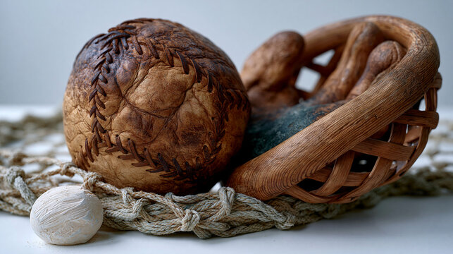 Basque pelota symbolic still life against sterile white background showing hand-sewn leather ball, curved wooden xistera basket glove, chalk score marker and fronton net cord arranged in precise com