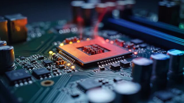 Close up of a computer motherboard with a central processing unit and complex circuitry