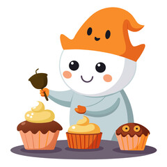 Naklejka premium Cute cartoon gnome decorating cupcakes