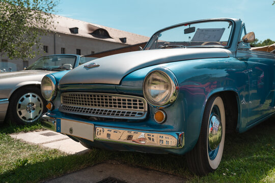 Berlin, Germany - May 3, 2026. Blue classic compact car front detail at oldtimer show.