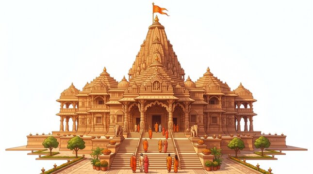 Shree Ram Mandir Ayodhya vector illustration with grand temple architecture celebration for inauguration on twenty second january