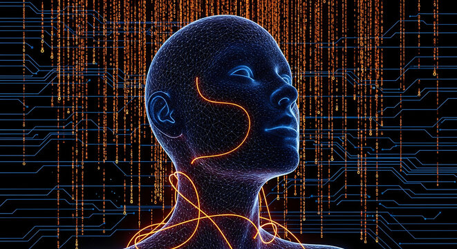 Artificial intelligence human head concept with digital network data stream intelligence technology futuristic connection processor computer information communication innovation abstract