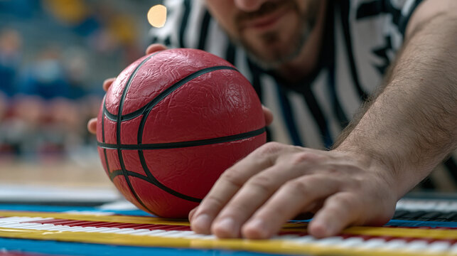 Goalball referee placing ball at throwing line during championship timeout while visually impaired athletes reposition tactile tape guides on mat surface with hands, coaches signaling final defensiv