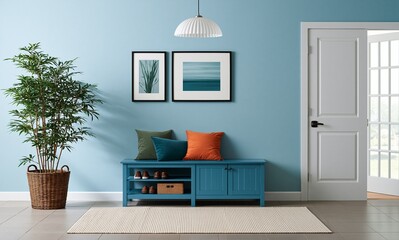 Fototapeta premium Inviting Foyer with Blue Bench, Green Plant, and Modern Decor