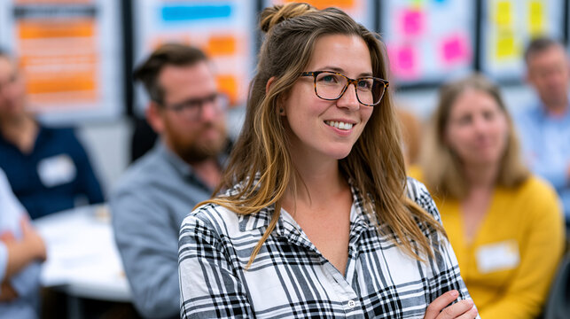 Impact measurement consultant facilitating B corporation recertification workshop with company department heads seated around a round table, workers impact assessment rubric posted on wall, stakehol