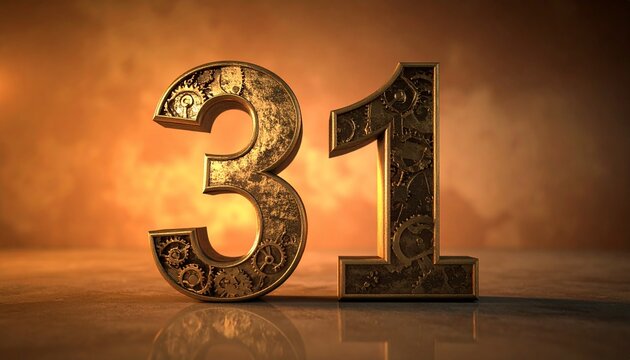 The number 31 decoratively displayed on a surface with warm lighting and a smoky background.