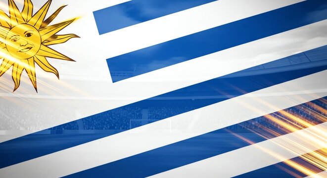 Close-up of Uruguayan Flag with Sun Symbol and Stadium Background