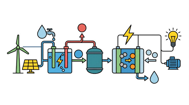 Renewable energy hydrogen production and storage process diagram illustration.