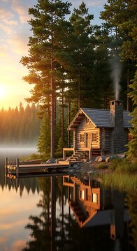 Serene lakeside cabin at golden hour surrounded by tall evergreens.
