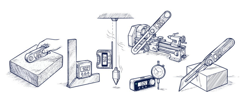 Digital measuring tools line art vector illustration of precision leveling instruments, angle finders, protractors, plumb bob, and dial indicators for engineering and machining blueprints.
