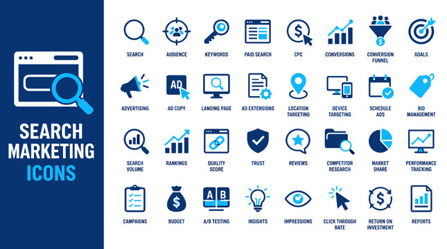 Icon Set Representing Search Marketing Concepts.