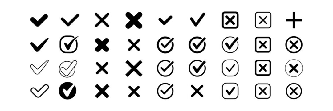 Check tick mark icon set, hand drawn cross box x check mark checkbox v, sketch marker checklist symbol right and wrong set, brush marker checklist symbol, Hand drawn doodle vote yes no