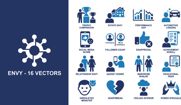 Set of conceptual icons representing feelings of jealousy social comparison and material desire in modern life,