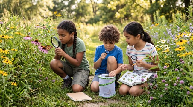 Diverse children exploring nature with magnifying glasses and a bug net in a field of wildflowers