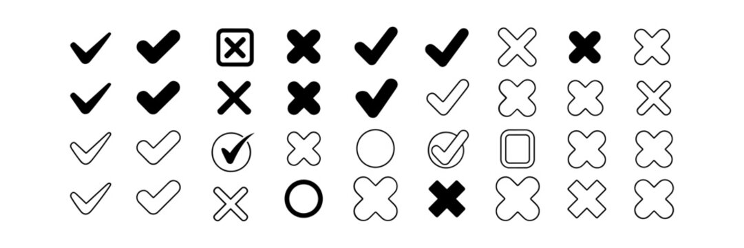 Check tick mark icon set, hand drawn cross box x check mark checkbox v, sketch marker checklist symbol right and wrong set, brush marker checklist symbol, Hand drawn doodle vote yes no