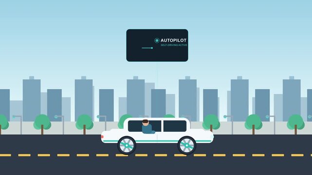Autonomous smart driverless electric car self-driving on road to city, vehicle on autopilot, man driver not holding wheel, future transportation concept