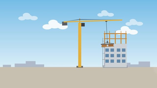 Construction site with crane building skyscraper under blue sky, city skyline silhouette, motion graphic